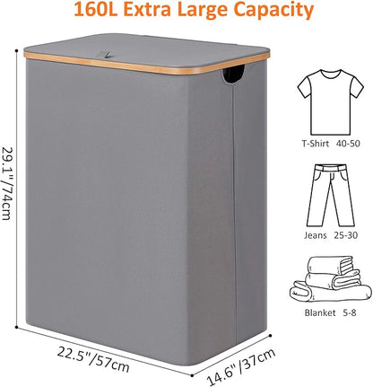 efluky Laundry Hamper with Lid, Trio Laundry Basket with 2 Removable Bags, 3 Section Laundry Bin with Bamboo Handles for Bathroom, Bedroom & Laundry Room, 160L (42.3 Gallon) Silver Grey