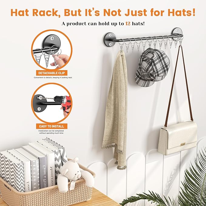 2 Pack Metal Hat Organizer for Baseball Caps with 12 Large Clips, Wall-mounted Hat Rack Holds up to 24 Hats, Hats Hanger Holder for Closet Wall Storage, Fits All Caps Display-Black