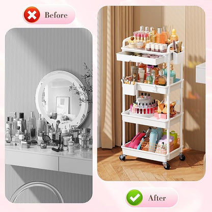 SUNALLY Makeup Cart Organizer with Drawers, 4 Tier Floor Skincare Organizers for Vanity, Rolling Makeup Bathroom Storage Cart Cosmetics Display Cases for Skin Care Perfume Nail Polish, White
