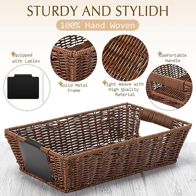 Marsui 9 Pcs Wicker Storage Baskets for Pantry Organization with Handle Labels Handwoven Multi-size Dark Brown Small Organizer Baskets Storage Bin Container for Shelves Closet Toilet Christmas Holiday