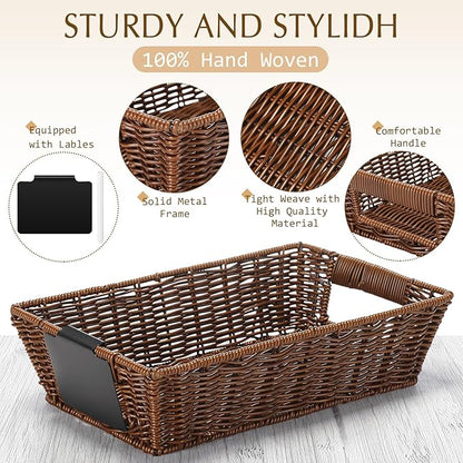 Marsui 9 Pcs Wicker Storage Baskets for Pantry Organization with Handle Labels Handwoven Multi-size Dark Brown Small Organizer Baskets Storage Bin Container for Shelves Closet Toilet Christmas Holiday