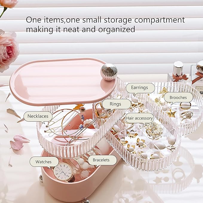 360° Rotating Hair Accessories Organizer for Headband Bows Clip,Hair Tie Organizer with Lid, Jewelry Organizer forEarrings Rings Necklaces Bracelet (Pink 4-Layer)