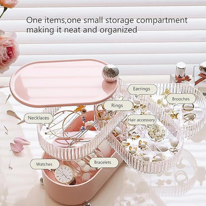 360° Rotating Hair Accessories Organizer for Headband Bows Clip,Hair Tie Organizer with Lid, Jewelry Organizer forEarrings Rings Necklaces Bracelet (Pink 4-Layer)