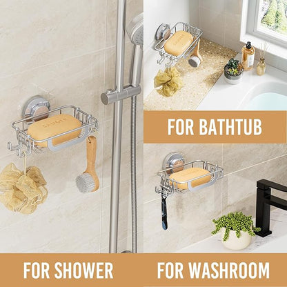 LEVERLOC Bar Soap Holder Dish with Hooks, Soap Tray Suction Cup Wall Mounted for Shower, Stainless Steel Sponge Holder Caddy for Bathroom Kitchen Sink Organizer, Rustproof, Silver