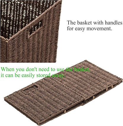 Handwoven Paper Woven Cube Basket Organizer with Handles set of 4 Foldable Storage baskets for Bedroom Living Room Cubby Storage Units for Clothes Books Toys (Brown, 13" L x 13" W x 13" H)