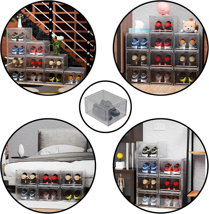YIIHAA 6 Pack X Large Shoe Storage Box, hicken Sturdy Hard Plastic Clear Stackable Sneaker Shoe Rack for Size 6, Easy Assembly Storage Organizer, Holder Sneaker Container (Transparent, 6)
