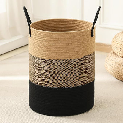 Laundry Basket Hamper Tall Rope Storage Woven for Blanket toys Dirty Clothes in Living Room Bathroom Bedroom (Jute Brown & Black, 80L/21.3Gal)