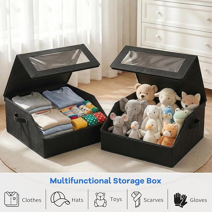 2 Pack Hat Storage for Baseball Caps, Holds up to 48 Caps, Stackable Hat Organizer for Closet, Dustproof Hat Box with Clear Window, Hollow Board Support & 2 Handles, Flip-Top Access (Black)