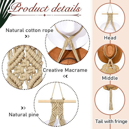 Yulejo Macrame Hat Hangers Racks Boho Cowboy Hats Holders Western Display Organizer Storage decor Back of Door for Wall(Beige,Two Hats Style)
