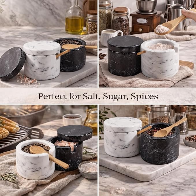 FoldTier 2 Set Marble Salt Cellar with Lid and Wooden Spoon Handcrafted Marble Salt Container Natural Spice Jars White Gray for Pepper Seasonings Small Round for Kitchen