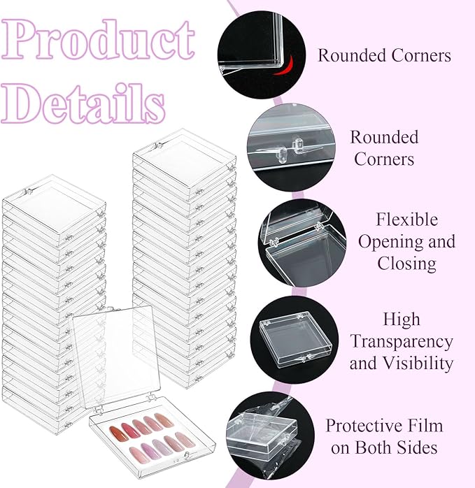 50 Pcs Press on Nail Storage Box, Clear Nail Display Case with 120 Pcs Adhesive Double Sided Tape and 50 Pcs Nails Packaging Bag, Press on Nail Case for Nails Salon, Storage, Display