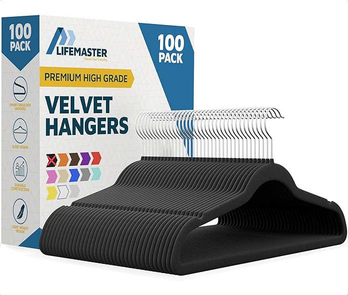 Lifemaster Velvet Non-Slip Plastic Hanger Set - 100 Pieces Non-Slip Clothes Hanger Set with 360° Swivel Hook, Space-Saving, Sleek Design, Smooth Velvet Finish, Lightweight Construction - Black