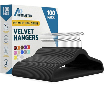Lifemaster Velvet Non-Slip Plastic Hanger Set - 100 Pieces Non-Slip Clothes Hanger Set with 360° Swivel Hook, Space-Saving, Sleek Design, Smooth Velvet Finish, Lightweight Construction - Black