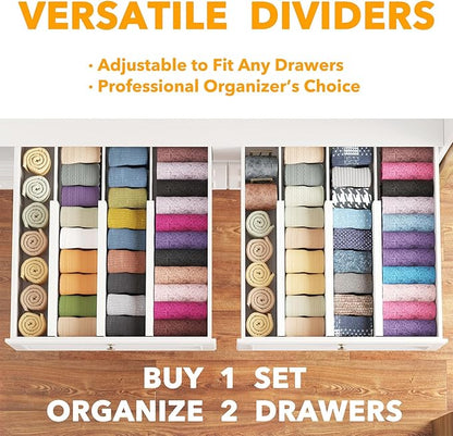 SpaceAid Bamboo Dresser Drawer Dividers 6 Pack, (Need 4.65" Deep Drawer) Adjustable 12.5“-17” Organizers, Expandable Organization for Clothing, Clothes, Dressers, White
