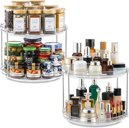 2 Set 2 Tier Non-Skid Acrylic Lazy Susan Organizer - Rotating Spice Rack - Turntable Spinning Organization for Kitchen, Pantry, Countertop, Closet, Bathroom, Vanity, Medicine Cabinet Organizing, 12''