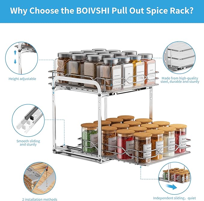 BOIVSHI Pull Out Spice Rack, 2 Tier Spice Organization for Cabinet, Heavy Duty Spice Rack, 9-1/4 inch Wide - Spice Racks for Inside Cabinets, Kitchen, Pantry - Chrome, 9.25”W x 10.39”D x 9.76”H