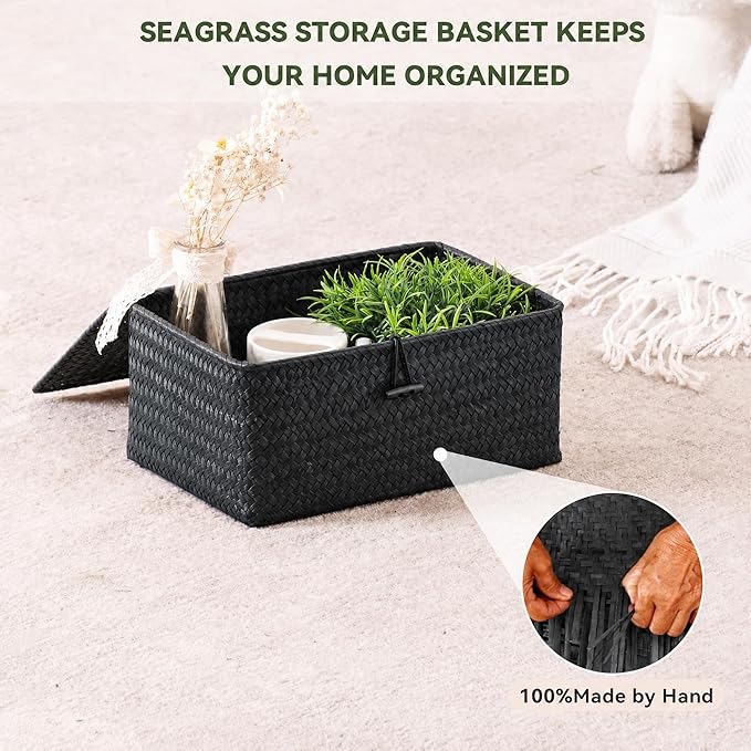 Nonam Storage Basket with Lid, Natural Seagrass Bin with Lid Set of 3, Shelf Baskets Multipurpose Container for Boho Decoration, Rectangular Household Storage Boxes for Home Organization-Black