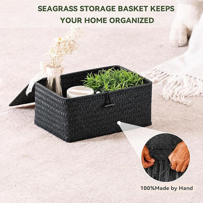 Nonam Storage Basket with Lid, Natural Seagrass Bin with Lid Set of 3, Shelf Baskets Multipurpose Container for Boho Decoration, Rectangular Household Storage Boxes for Home Organization-Black
