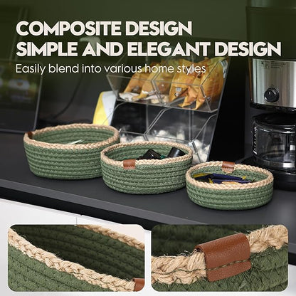 Sea Team 3-Pack Small Cotton Rope Storage Basket Set - Portable Round Organizers with Jute Braid for Small Items, Keys, Makeup & Trinkets