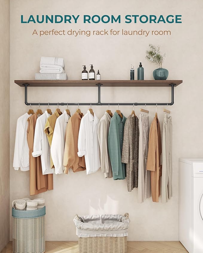 OROPY Clothes Rack, 65.7" Industrial Pipe Clothing Rack for Hanging Clothes, Wall Mounted Heavy Duty Space Saving Garment Rack for Closet Storage, Black, 3 Base
