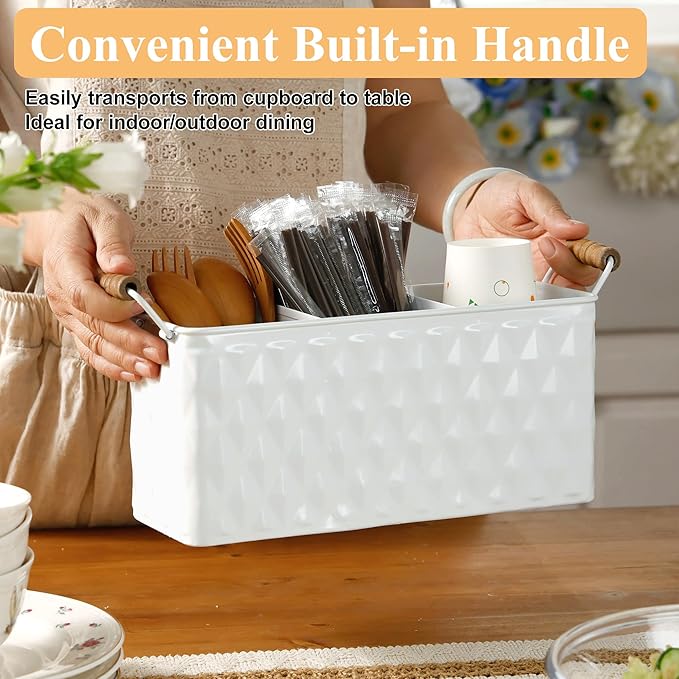 Silverware Caddy for Party Kitchen Flatware Holder for Countertop Metal White Diamond Pattern Embossed Cutlery Organizer with 3 Compartments for Utensils, Spoons, Knives, Forks, Cups,