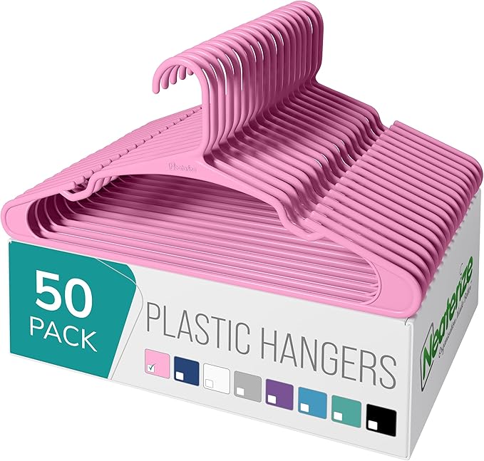 NEATERIZE Clothes Hangers Plastic 50 Pack for Adults - Plastic Hangers, The Perfect Coat Hanger and Space Saving Clothes Hangers for Closet, Percheros Ganchos para Colgar Ropa Hangars - Pink Hangers