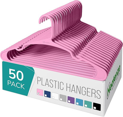 NEATERIZE Clothes Hangers Plastic 50 Pack for Adults - Plastic Hangers, The Perfect Coat Hanger and Space Saving Clothes Hangers for Closet, Percheros Ganchos para Colgar Ropa Hangars - Pink Hangers