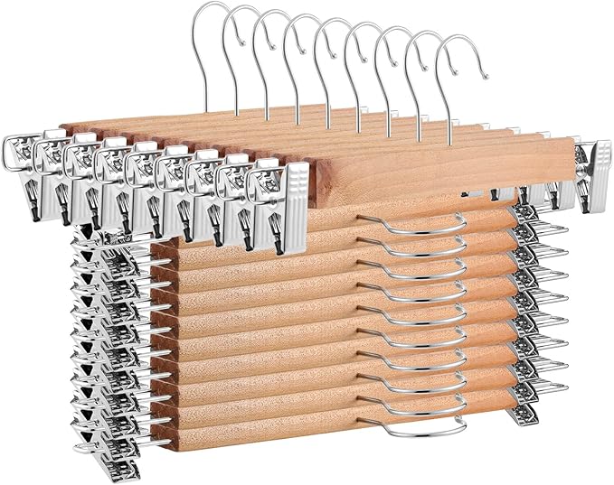 Weysat 40 Pcs Wooden Pants Hangers Bottom Bulk with 2 Adjustable Clips Anti Rust Hook 360 Swivel Hook Bottom Jeans Hangers for Women Men Jeans Trousers Shorts Skirt