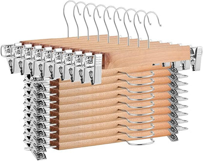 Weysat 40 Pcs Wooden Pants Hangers Bottom Bulk with 2 Adjustable Clips Anti Rust Hook 360 Swivel Hook Bottom Jeans Hangers for Women Men Jeans Trousers Shorts Skirt