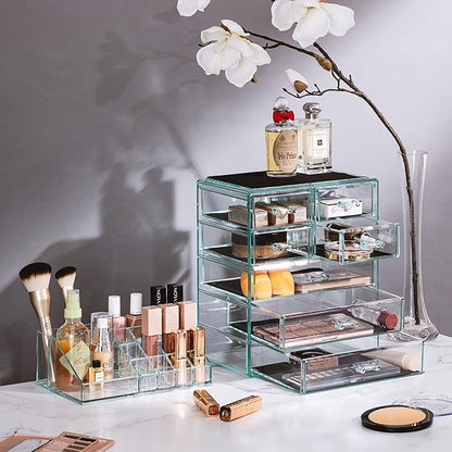 Sorbus Acrylic Makeup Organizer Set, 7-Drawer Vanity & Countertop Cosmetic Storage with Small & Wide Compartments, Teal Thrill Makeup Storage for Brushes, Jewelry – Holiday Gift for Women & Teens