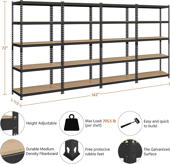 Topeakmart 4PCS 5-Tier Utility Shelves, Metal Storage Shelves Garage Shelving Unit Adjustable Garage Storage Shelves Storage Racks Heavy Duty Shed Shelving- Black, 35.5 x 17.5 x 72 Inch