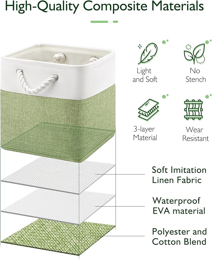 Patvingot 11 Inch Cube Storage Bins, 6 Pack Fabric Storage Cubes with Rope Handles, Organizer Baskets for Closet Shelves, Clothes and Home Organization(White/Green)