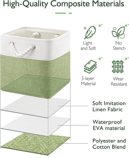 Patvingot 11 Inch Cube Storage Bins, 6 Pack Fabric Storage Cubes with Rope Handles, Organizer Baskets for Closet Shelves, Clothes and Home Organization(White/Green)