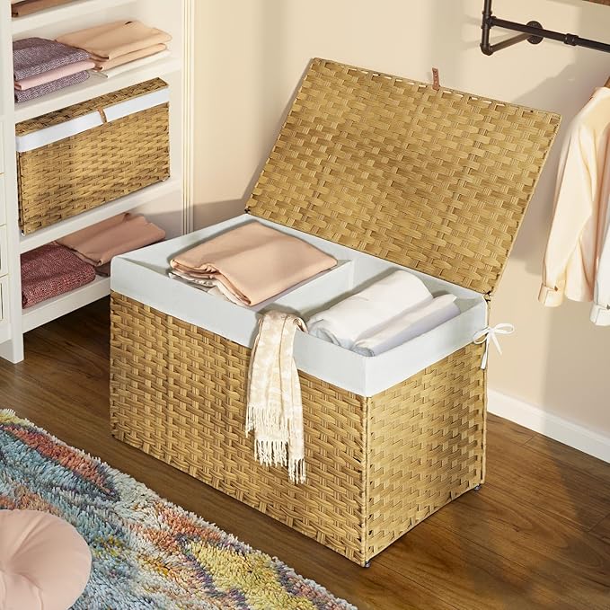 GREENSTELL Storage Basket with Lid, 42.3 Gallon(160L) Lagre Wicker Blanket Storage Basket with Handles, Foldable, 2 Removable Liner Bags, Metal Frame, for Bedroom, Laundry Room, Brown,30"*18.1"*18.1"