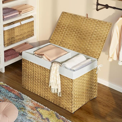 GREENSTELL Storage Basket with Lid, 42.3 Gallon(160L) Lagre Wicker Blanket Storage Basket with Handles, Foldable, 2 Removable Liner Bags, Metal Frame, for Bedroom, Laundry Room, Brown,30"*18.1"*18.1"