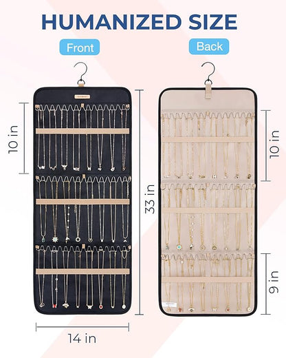 BAGSMART Hanging Necklaces Organizer Jewelry Holder Storage Roll with Hanger Metal Hooks Double-Sided Jewelry Organizer for Necklaces, Bracelets on Closet, Wall, Door, 1 piece, Large Black