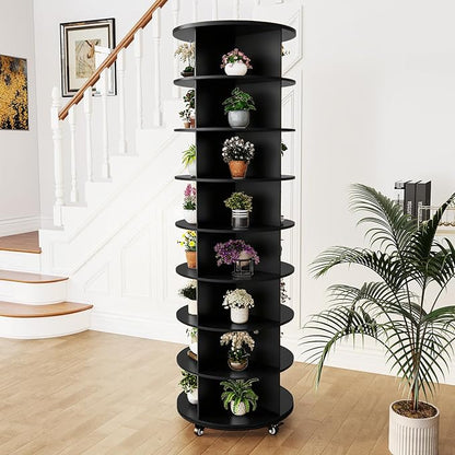 8 Tier Rotating Shoe Rack, Shoe Tower Organizer with 4 Universal Casters, Spinning Lazy Susan Display Storage Rack Round Carousel Vertical Handbag Closet (Dark Black, 23.6’’×23.6’’×74’’)