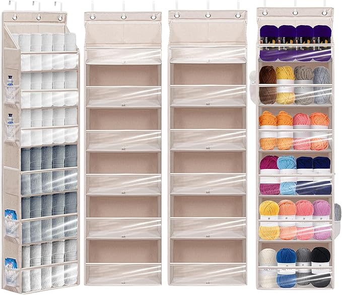 Door Shoe Organizer with 6 Extra Large Pockets and 12 Side Pockets, Large Capacity Hanging Storage Organizer with Clear Window for Shoes, Diapers, Beige, 6 Layers, 4-Pack