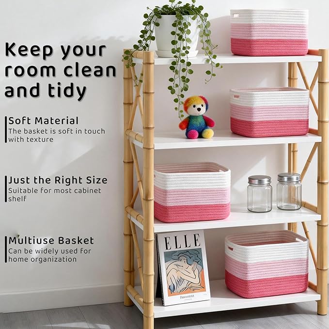 4 Pack Storage Baskets for Organizing, 12''Lx9''Wx8''H Woven Baskets for Storage Toys, Towels, Books, and Clothes, Cotton Rope Basket for Shelves with Handle White & Brown
