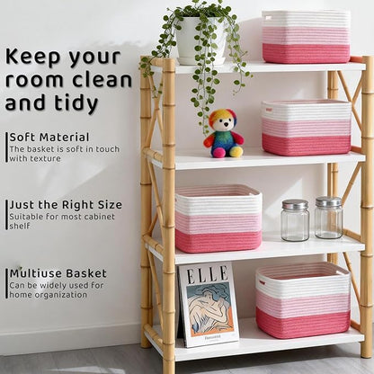 4 Pack Storage Baskets for Organizing, 12''Lx9''Wx8''H Woven Baskets for Storage Toys, Towels, Books, and Clothes, Cotton Rope Basket for Shelves with Handle White & Brown
