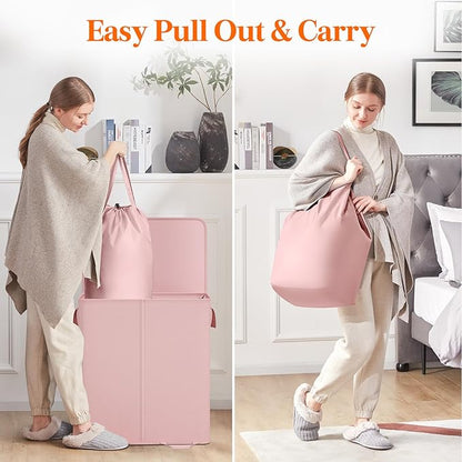 Lifewit Double Laundry Hamper with Lid and Removable Laundry Bags, Large Collapsible 2 Dividers Dirty Clothes Basket with Handles for Bedroom Laundry Room Closet Bathroom College, 136L Pink