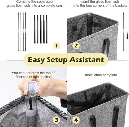 Odonata Slim Laundry Hamper Handles Collapsible Laundry Basket Thin Dirty Clothes Basket Narrow Laundry Bag Foldable Dirty Hamper 45L (Heather Grey)