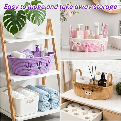 Lavender Toilet Paper Basket–Woven Rope Beautiful Lavender Bathroom Decor Organizer Toilet Tank Decorative Storage Basket, Oval Shelf Bin with Handle,Flower Wedding Paper Holder, 12" D x 5" H