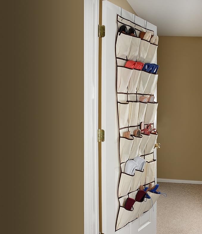 YBM HOME Ybmhome 24 Pocket Fabric Hanging Over The Closet Rod Shoe Storage Rack Organizer with 4 Metal Hanger Hooks Natural w/Brown Trim 2207 (1)