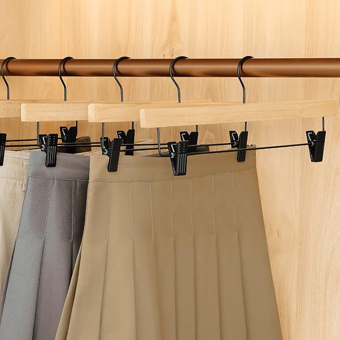 TOPIA HANGER Pants Hangers 10 Pack, Wooden Clothes Hangers with Black Clips and Rotatable Hook, Durable Natural Rubber Wood Hangers for Skirts, Pants, Jeans, Shorts - CTS02N
