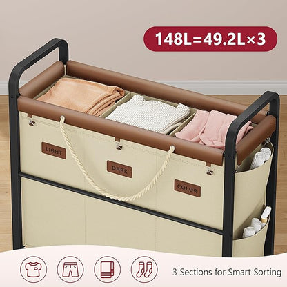 Tajsoon 148L Large Laundry Sorter 3 Section, Laundry Hamper with Heavy Duty Lockable Wheels, Rolling Laundry Cart with Sturdy Metal Frame, Leather Patchwork Laundry Basket with Removable Bag, Beige