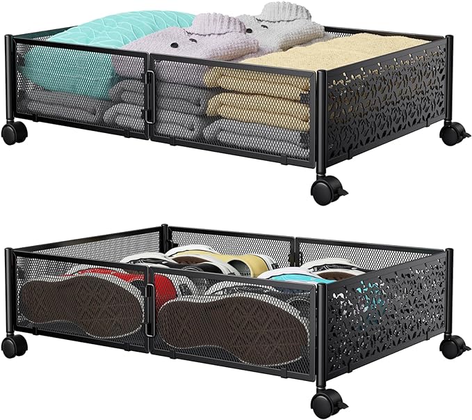 Under Bed Storage Containers with Wheels, Under Bed Shoe Storage Organizer Drawer, Tool-free Assembly Metal Storage Containers for Bedroom Clothes Shoes Blankets -2PCK