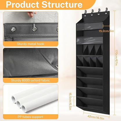 Over The Door Shoe Organizer - Heavy Duty 14-Pocket Hanging Shoe Organizer with Large-Deep Pockets for Boots/Sneakers, Space-Saving Behind Door Storage for Closet, Nursery, RV, Dorm (Black)