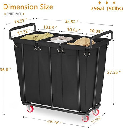 Gewudraw Large laundry hamper with Wheels, 360L 3 Bag Big Rolling Laundry Hamper Sorter Cart, Extra Large Laundry Clothes Hamper, Heavy Duty Laundry Basket Organizer for Laundry Room,Bathroom,Black