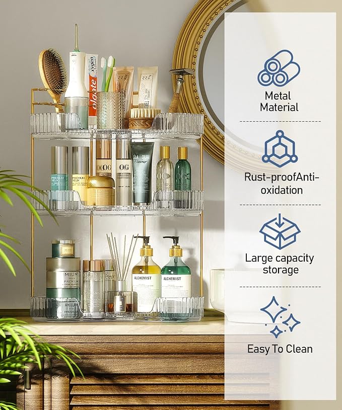 EUHOME 3-Tier Corner Bathroom Counter Organizer Makeup Cosmetic Storage, Tool-Free Installation Acrylic Vanity Shelf, Countertop Storage Organizers Perfume Tray for Bathroom, Dresser, Kitchen (Clear)